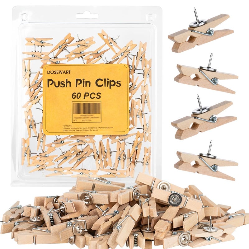DOSEWART Push Pin Clips for Cork Board  60 Pcs Wooden Paper Clips with Push pins for Bulletin Board Decoration  Artworks  Notes  Photos  Cubicle and Classroom Decor - Image 1